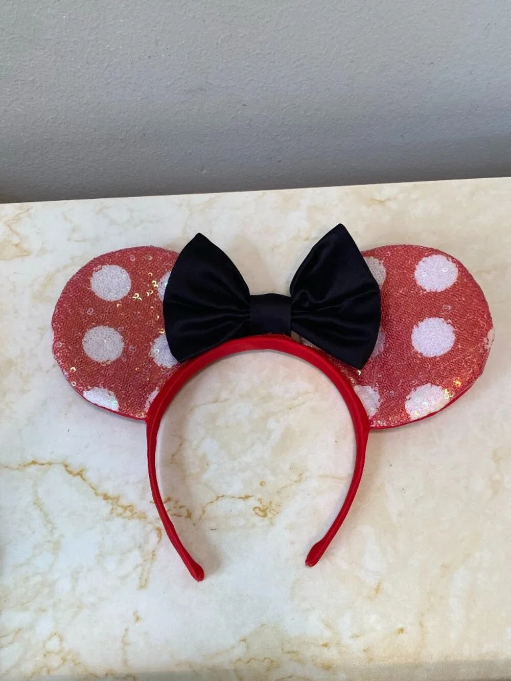 Disney Minnie Mouse Red Sequin Ears Black Bow Polka Dot Headband